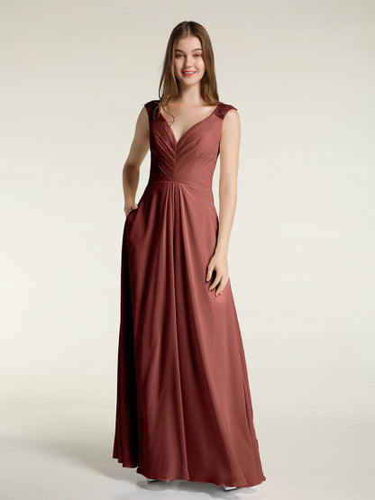 Vestidos de chiffon con tirantes de encaje y escote en V con bolsillos Terracota