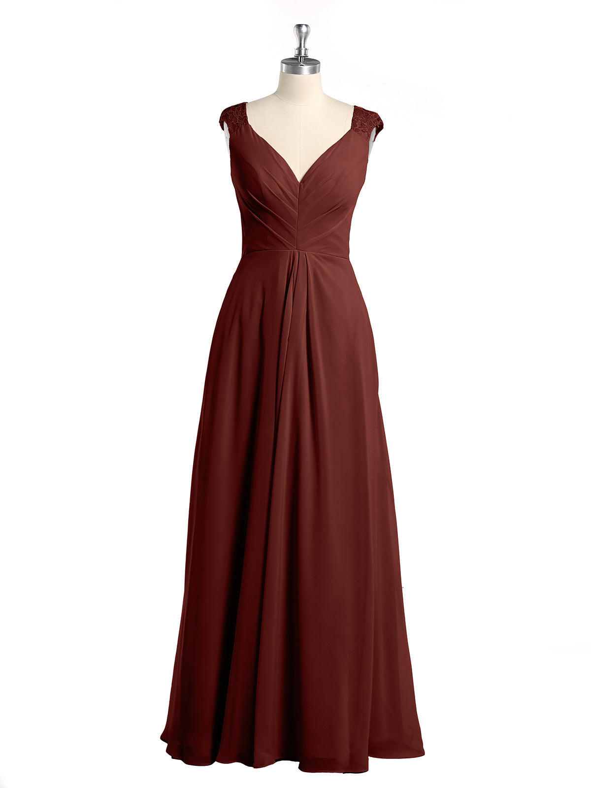 Vestidos de chiffon con tirantes de encaje y escote en V con bolsillos Terracota Tallas Grandes