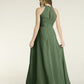 Vestidos largos de chiffon estilo halter con abertura Verde Oliva