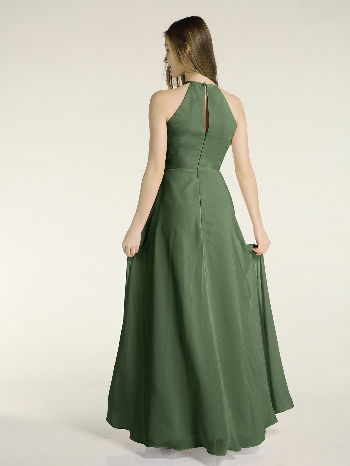 Vestidos largos de chiffon estilo halter con abertura Verde Oliva