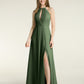 Vestidos largos de chiffon estilo halter con abertura Verde Oliva