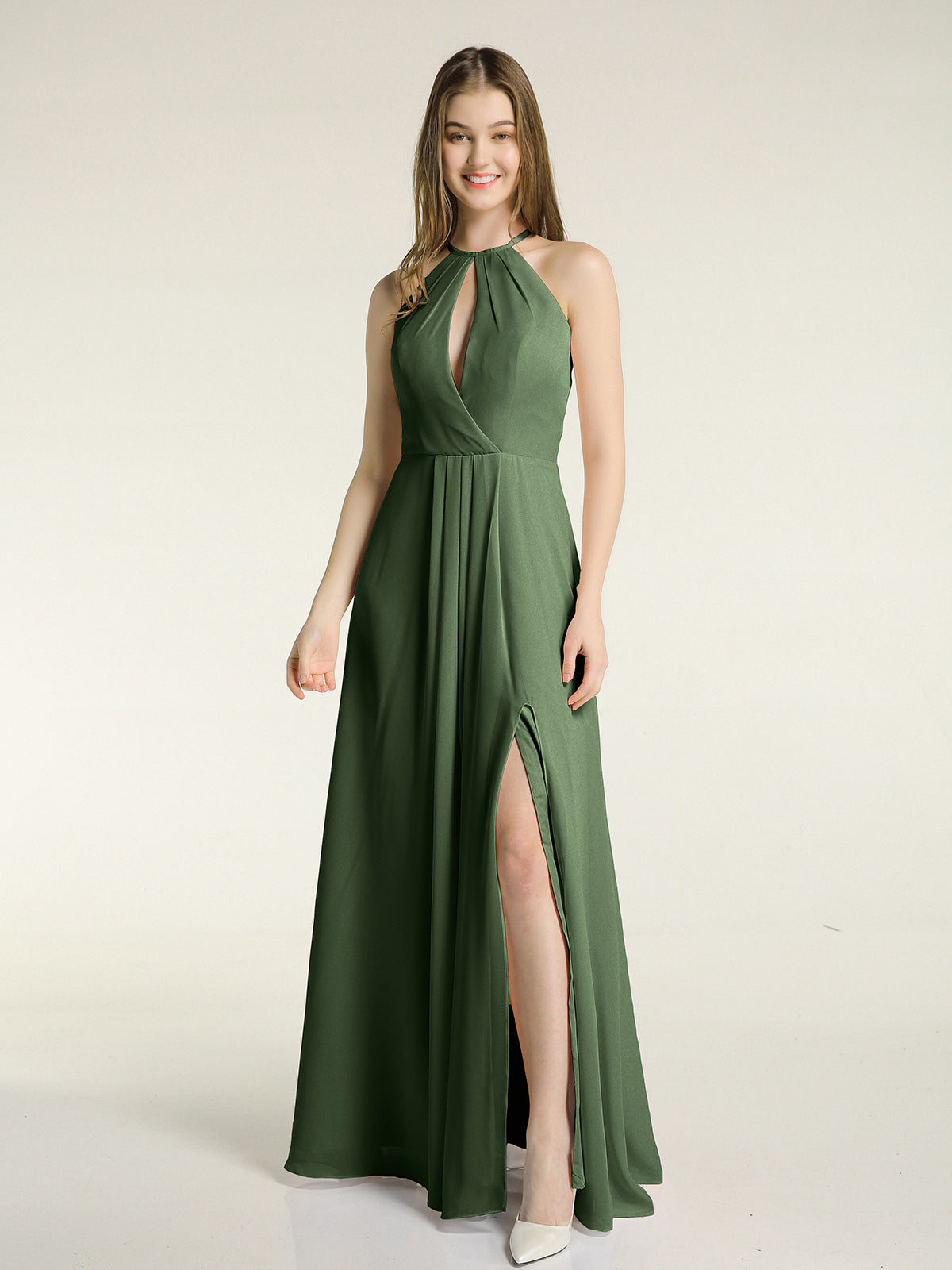 Vestidos largos de chiffon estilo halter con abertura Verde Oliva