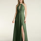 Vestidos largos de chiffon estilo halter con abertura Verde Oliva Tallas Grandes