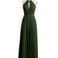 Vestidos largos de chiffon estilo halter con abertura Verde Oliva