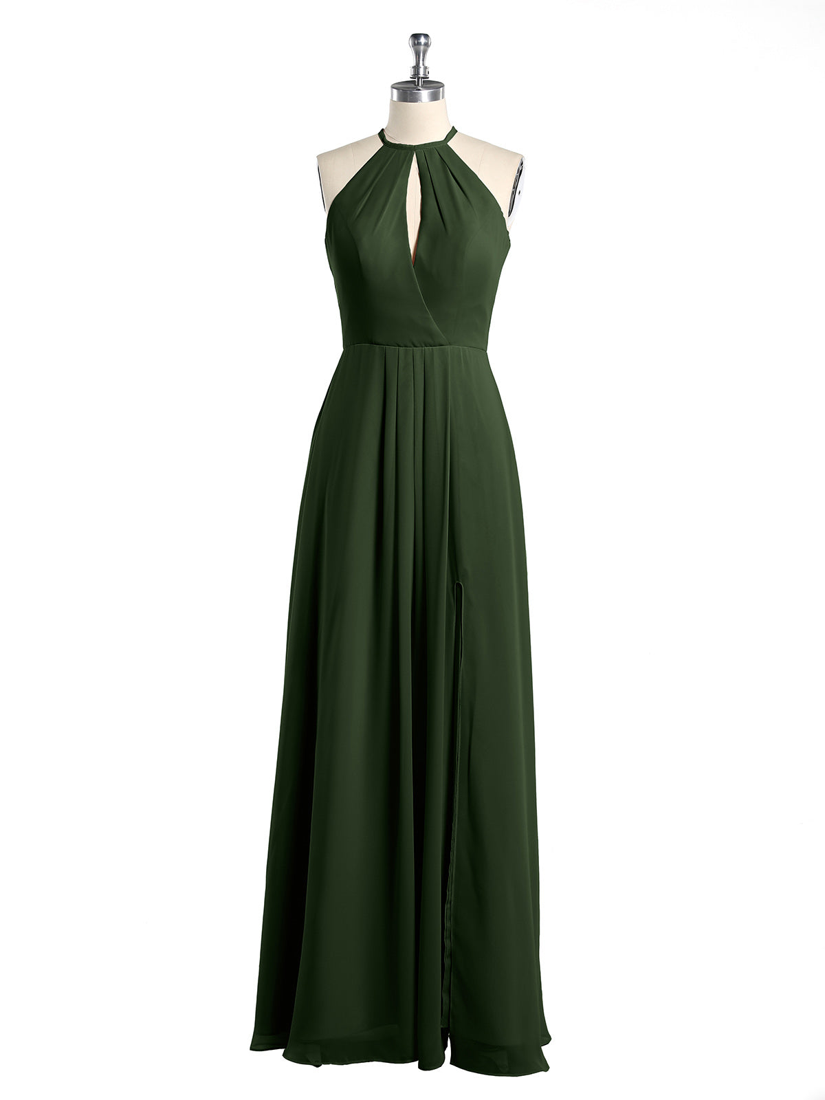 Vestidos largos de chiffon estilo halter con abertura Verde Oliva