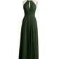 Vestidos largos de chiffon estilo halter con abertura Verde Oliva Tallas Grandes
