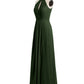 Vestidos largos de chiffon estilo halter con abertura Verde Oliva
