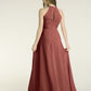 Vestidos largos de chiffon estilo halter con abertura Terracota