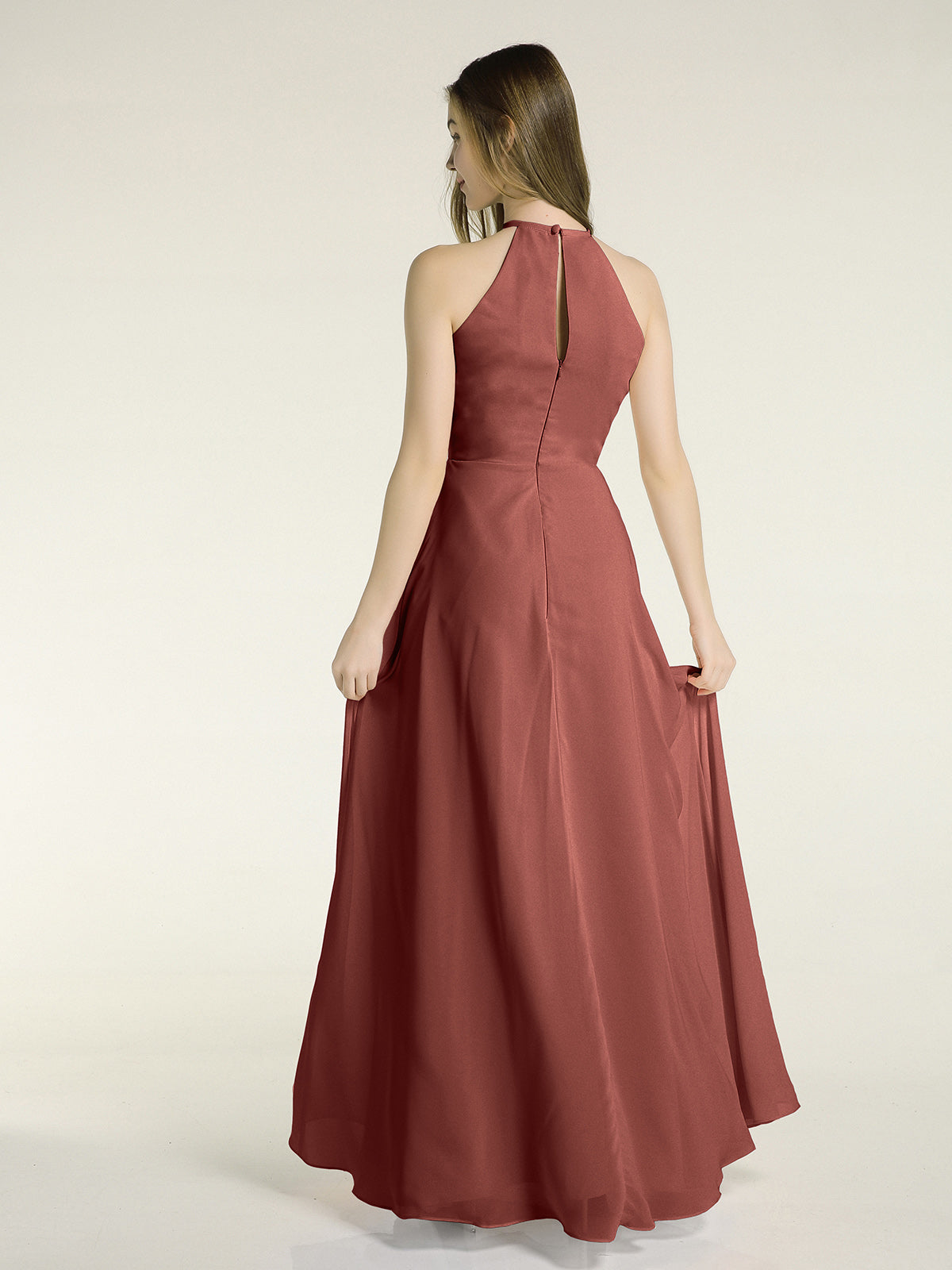 Vestidos largos de chiffon estilo halter con abertura Terracota
