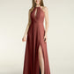 Vestidos largos de chiffon estilo halter con abertura Terracota