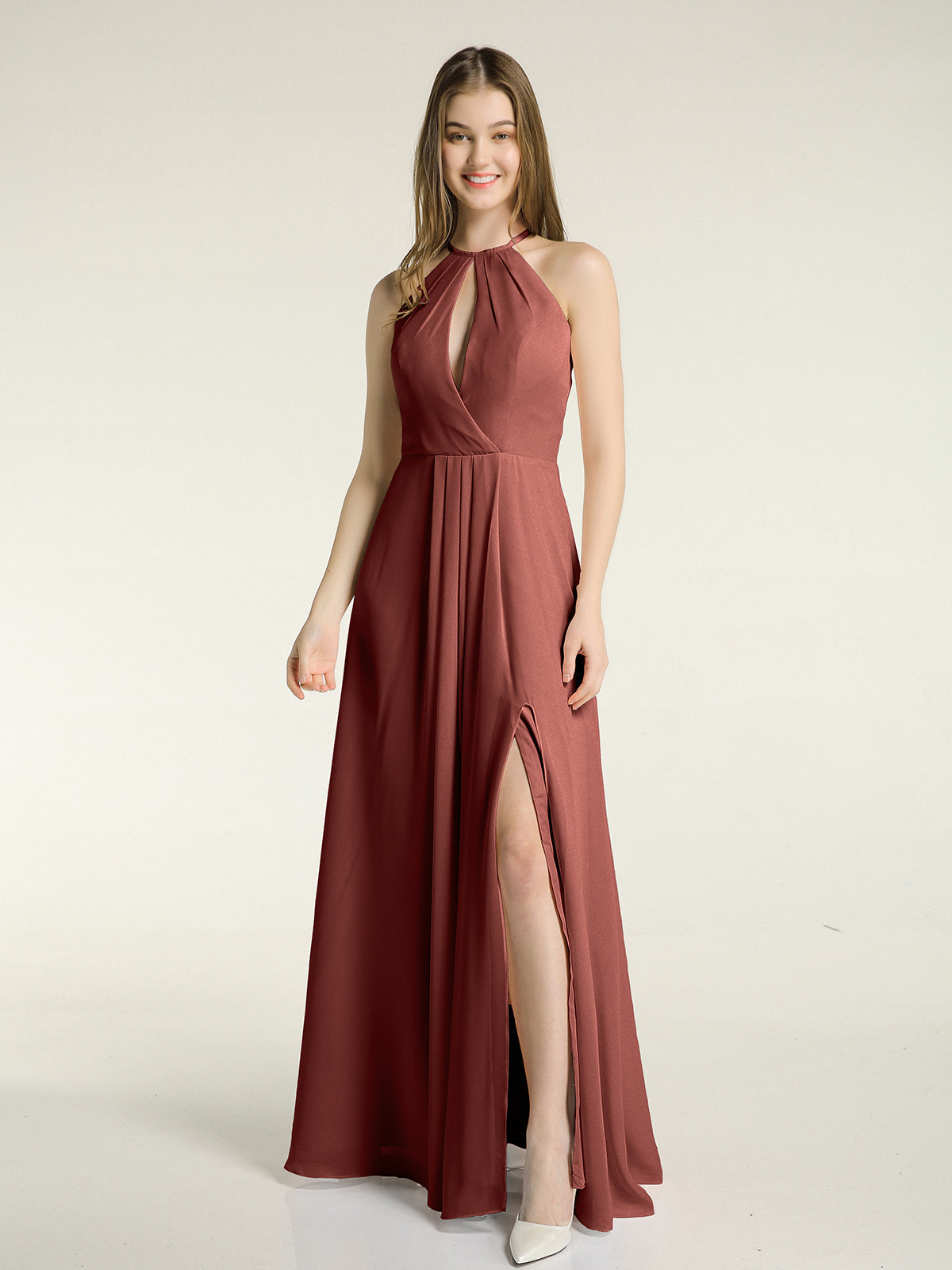 Vestidos largos de chiffon estilo halter con abertura Terracota Tallas Grandes