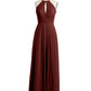 Vestidos largos de chiffon estilo halter con abertura Terracota Tallas Grandes