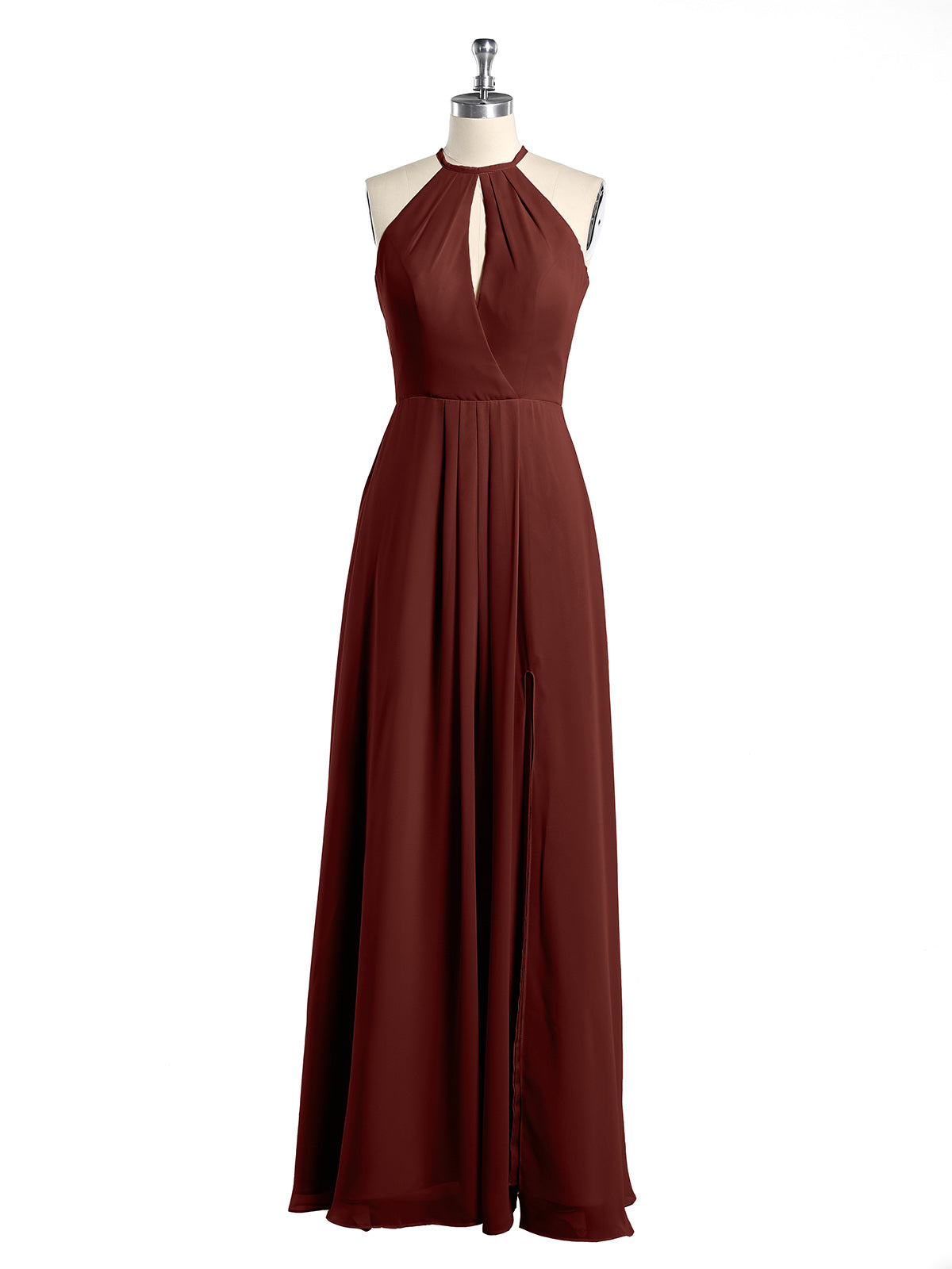 Vestidos largos de chiffon estilo halter con abertura Terracota Tallas Grandes