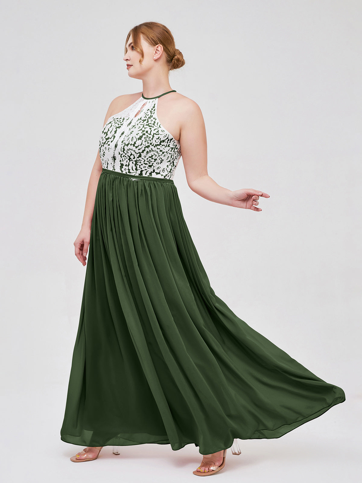 Michaelia Cabestro Hasta El Topillo Vestido Con Marfil Encaje Corpino Verde Oliva Tallas Grandes