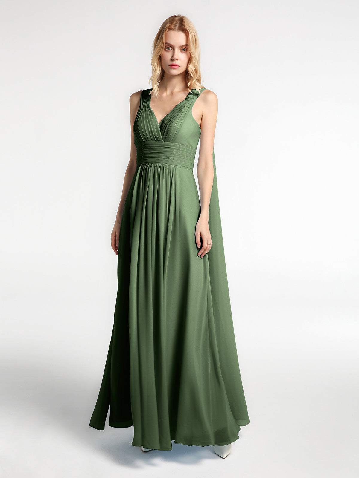 Vestido de chiffon con escote en V y tiras traseras decorativas Verde Oliva Tallas Grandes