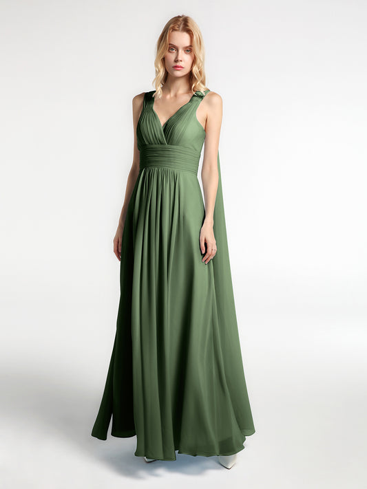 Vestido de chiffon con escote en V y tiras traseras decorativas Verde Oliva Tallas Grandes