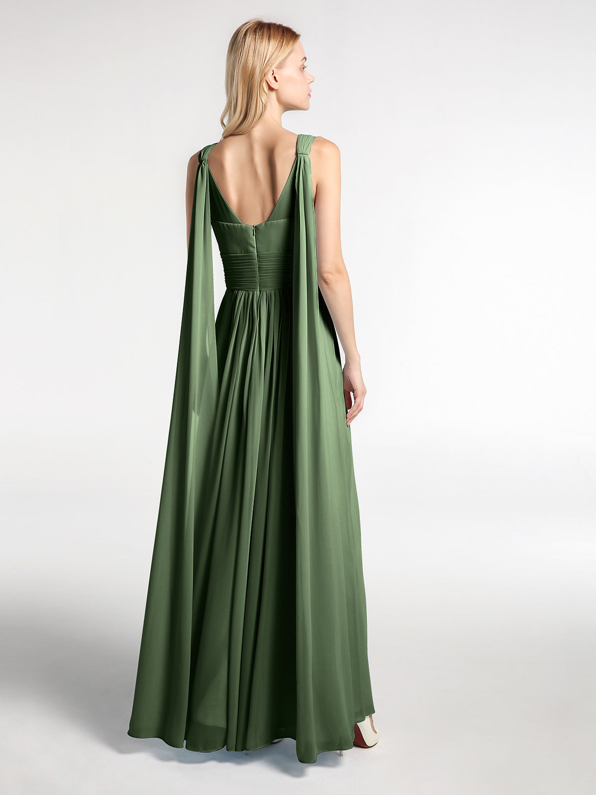 Vestido de chiffon con escote en V y tiras traseras decorativas Verde Oliva Tallas Grandes