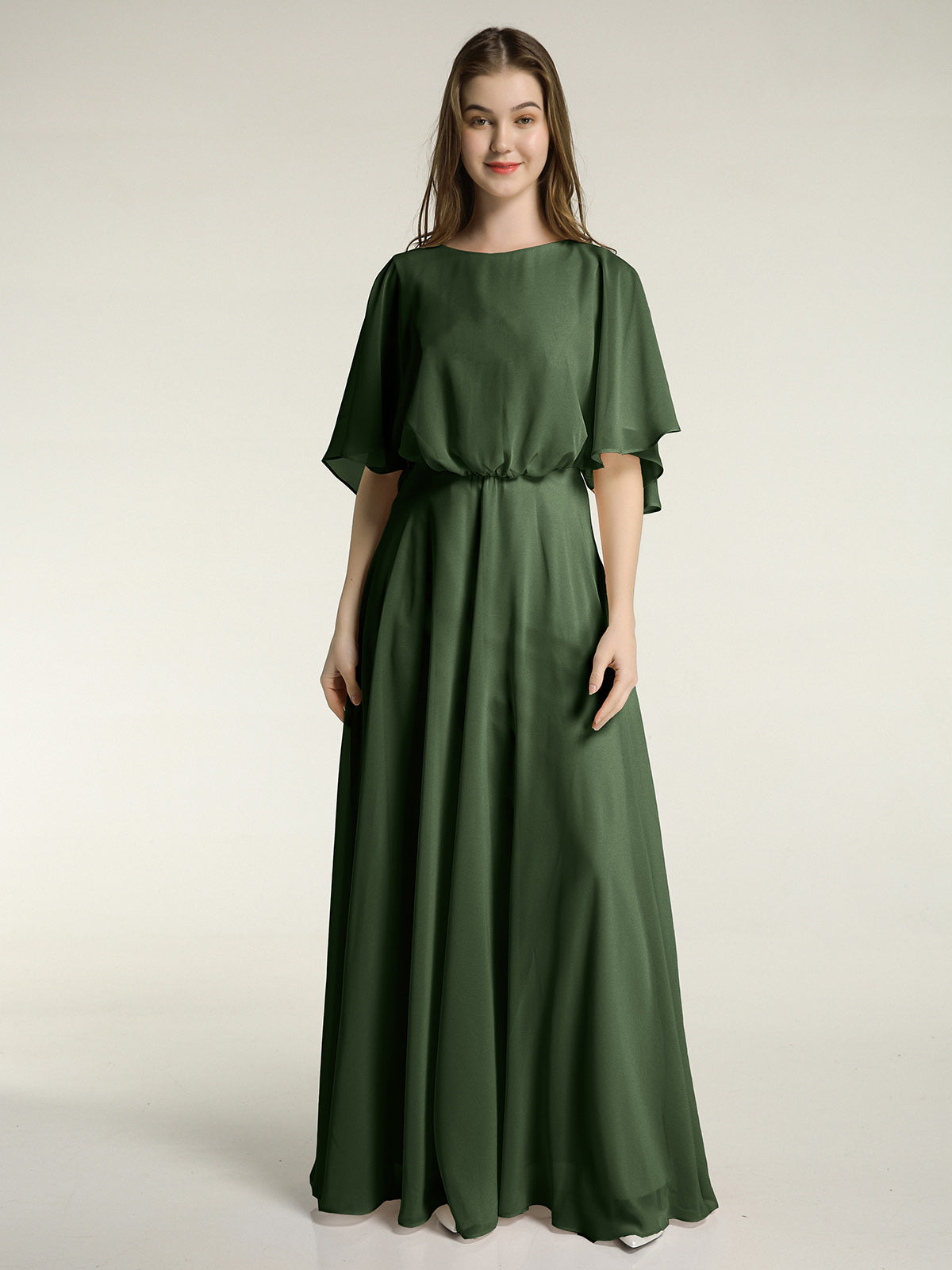 Vestidos largos de dama de honor de chiffon con mangas de volantes Verde Oliva Tallas Grandes
