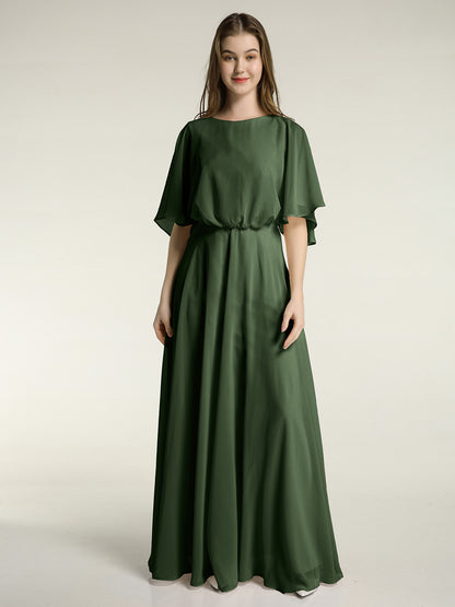 Vestidos largos de dama de honor de chiffon con mangas de volantes Verde Oliva Tallas Grandes
