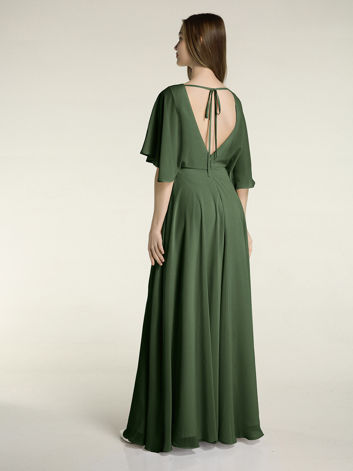 Vestidos largos de dama de honor de chiffon con mangas de volantes Verde Oliva Tallas Grandes