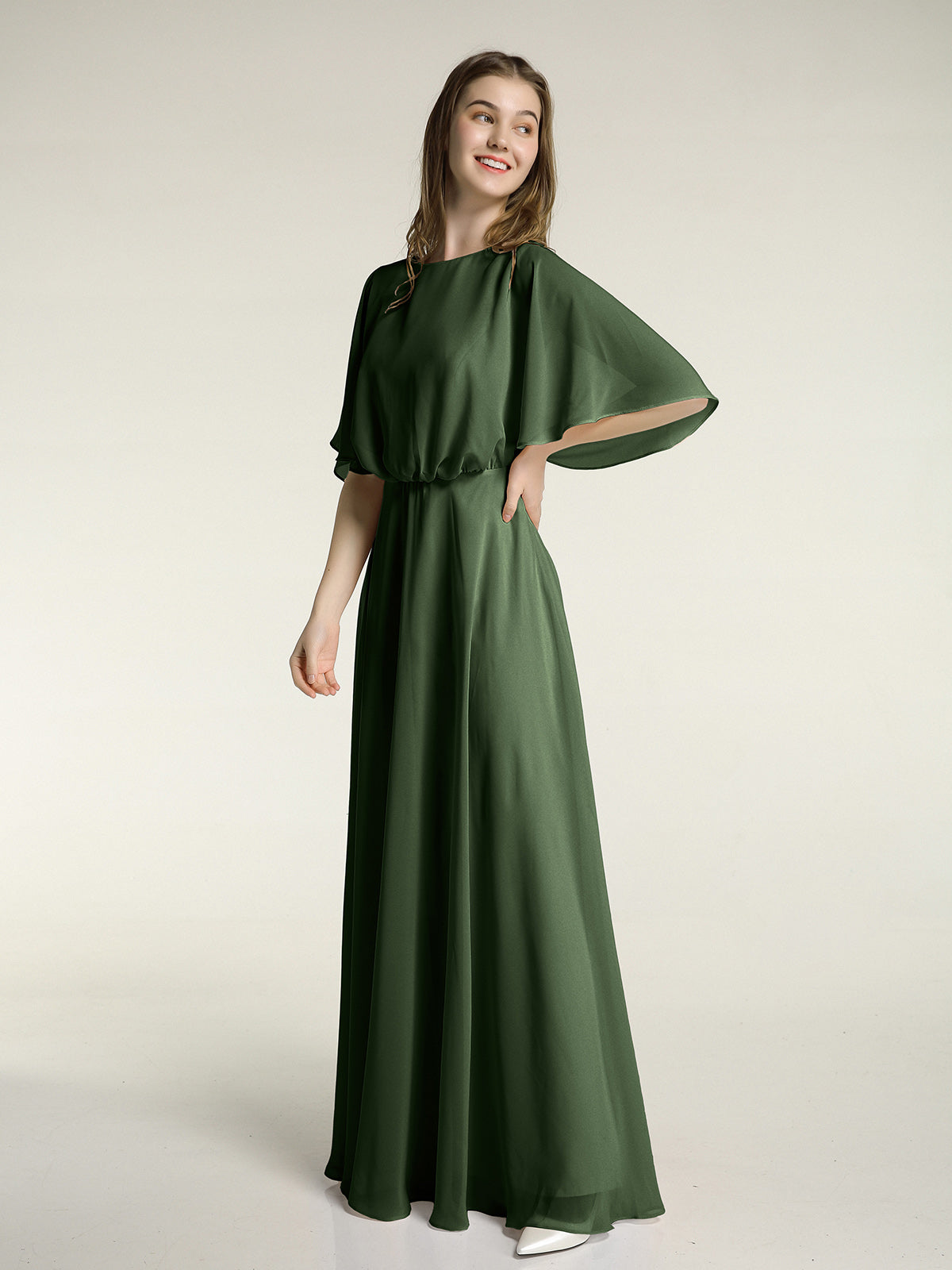 Vestidos largos de dama de honor de chiffon con mangas de volantes Verde Oliva Tallas Grandes