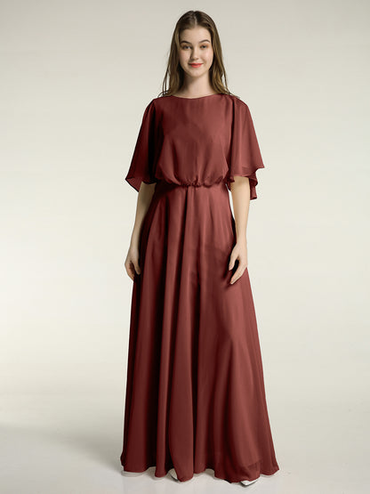 Vestidos largos de dama de honor de chiffon con mangas de volantes Terracota