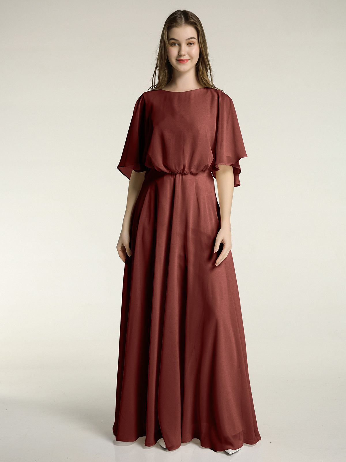 Vestidos largos de dama de honor de chiffon con mangas de volantes Terracota Tallas Grandes