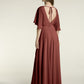 Vestidos largos de dama de honor de chiffon con mangas de volantes Terracota Tallas Grandes