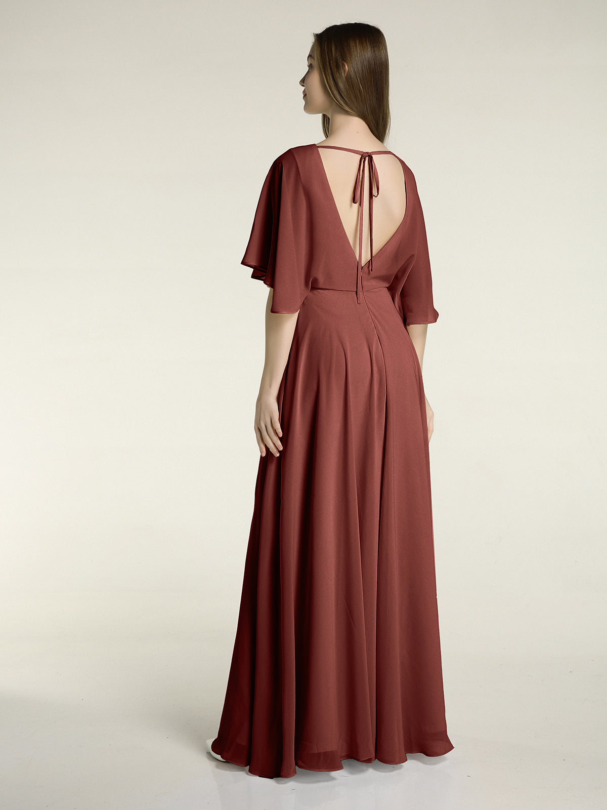 Vestidos largos de dama de honor de chiffon con mangas de volantes Terracota Tallas Grandes
