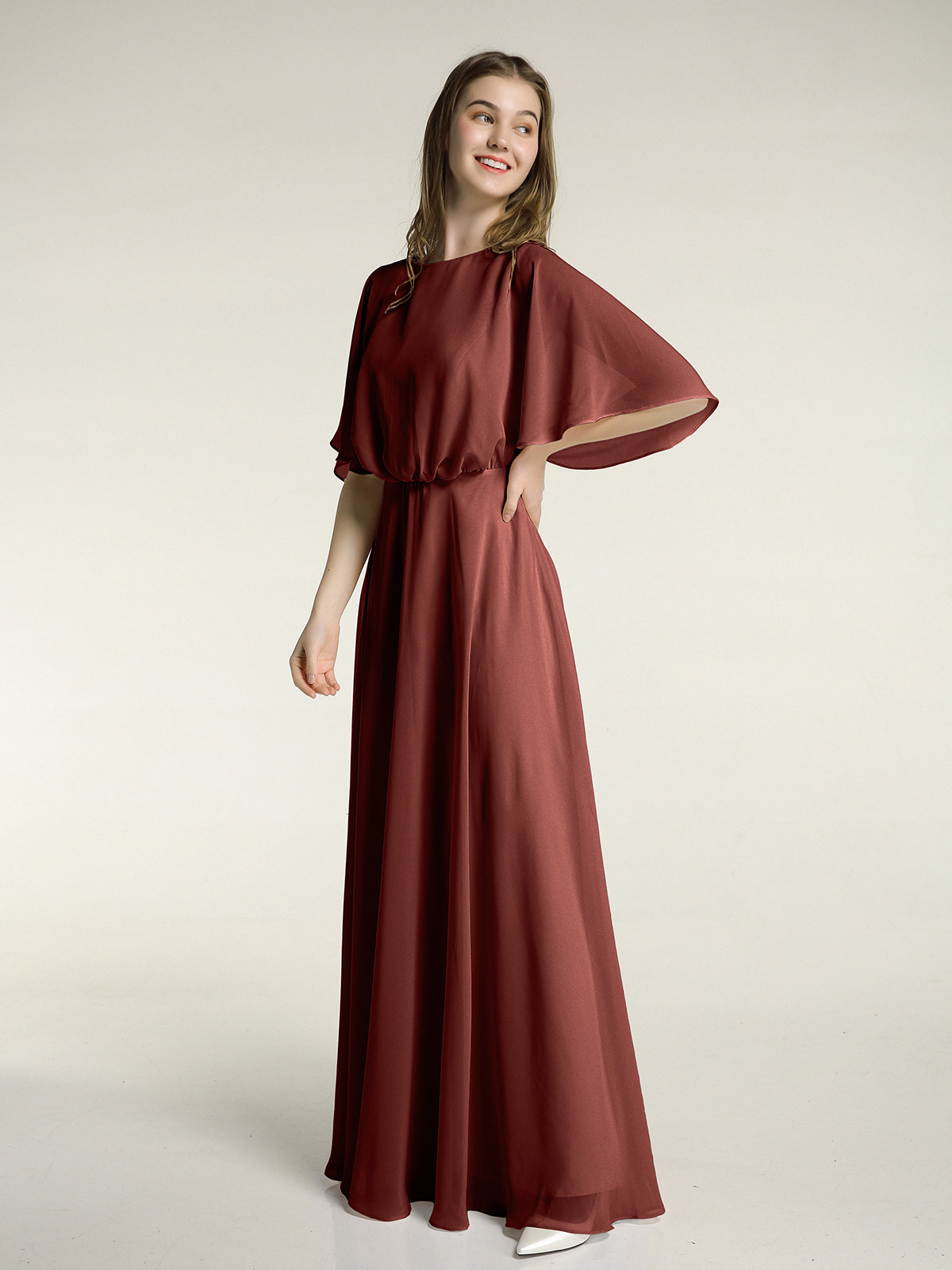 Vestidos largos de dama de honor de chiffon con mangas de volantes Terracota Tallas Grandes