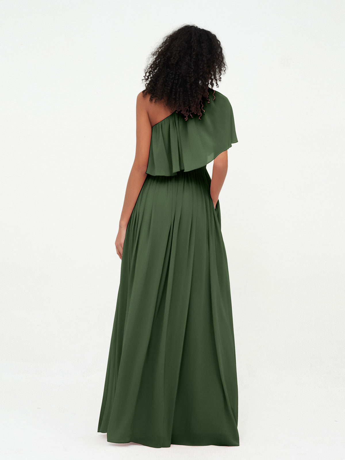 Vestidos largos de chiffon de un hombro con bolsillos Verde Oliva Tallas Grandes
