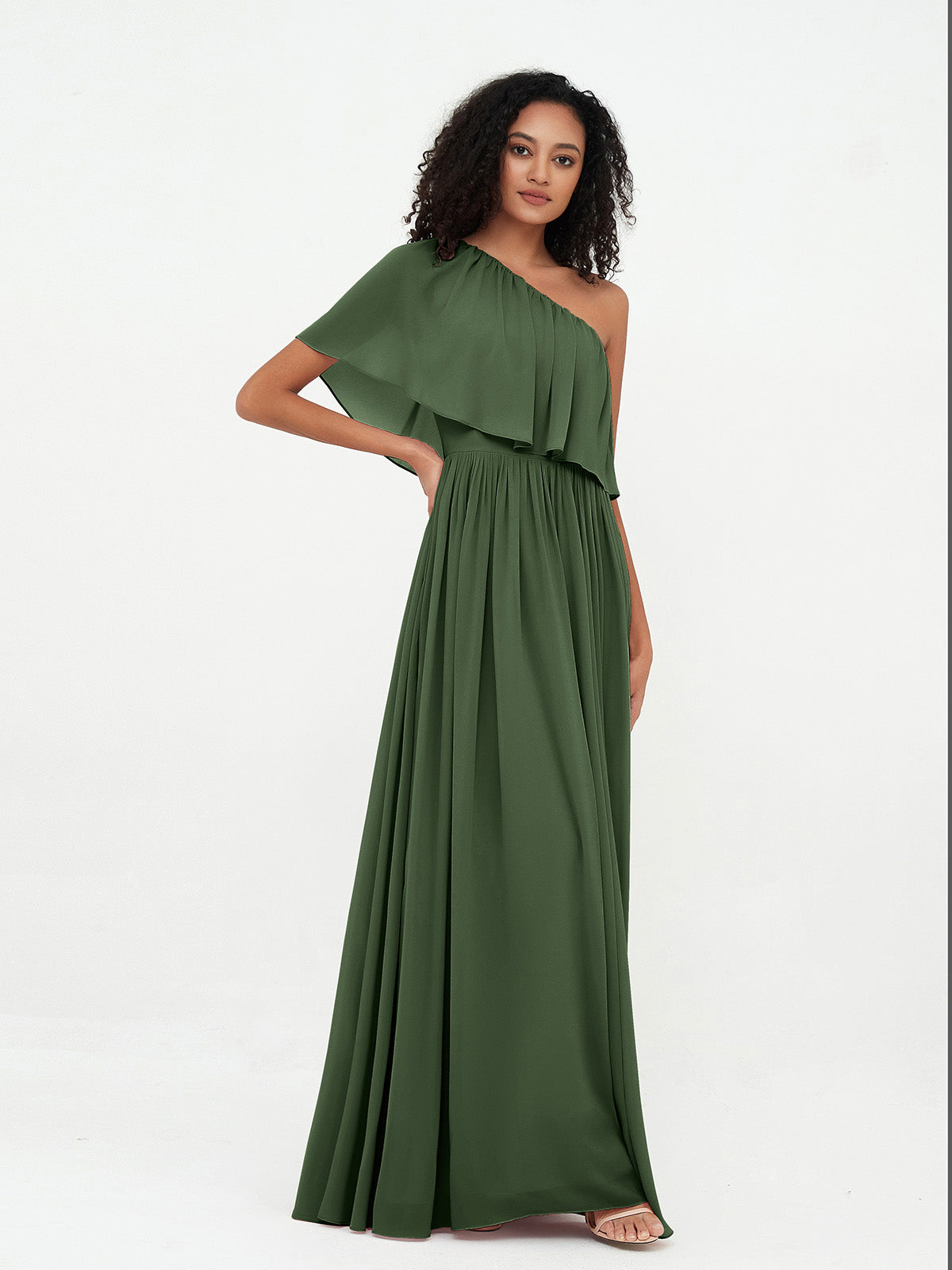 Vestidos largos de chiffon de un hombro con bolsillos Verde Oliva Tallas Grandes