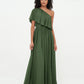 Vestidos largos de chiffon de un hombro con bolsillos Verde Oliva Tallas Grandes