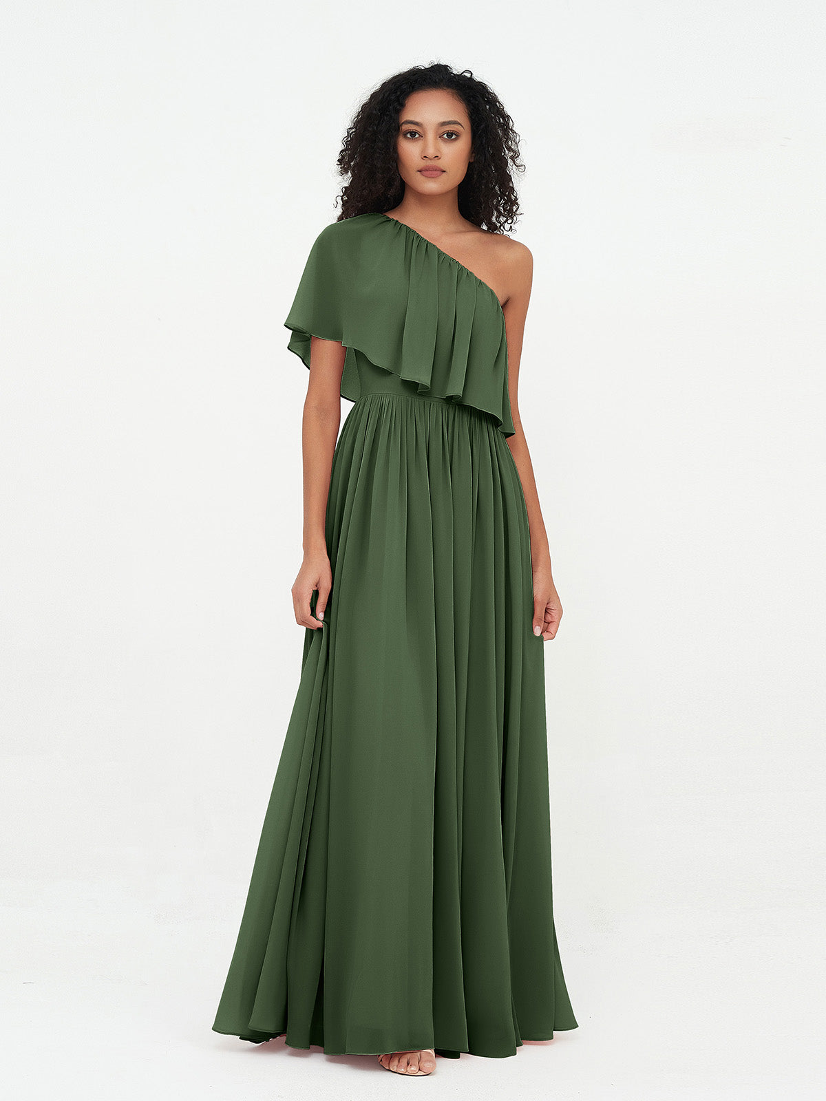 Vestidos largos de chiffon de un hombro con bolsillos Verde Oliva Tallas Grandes