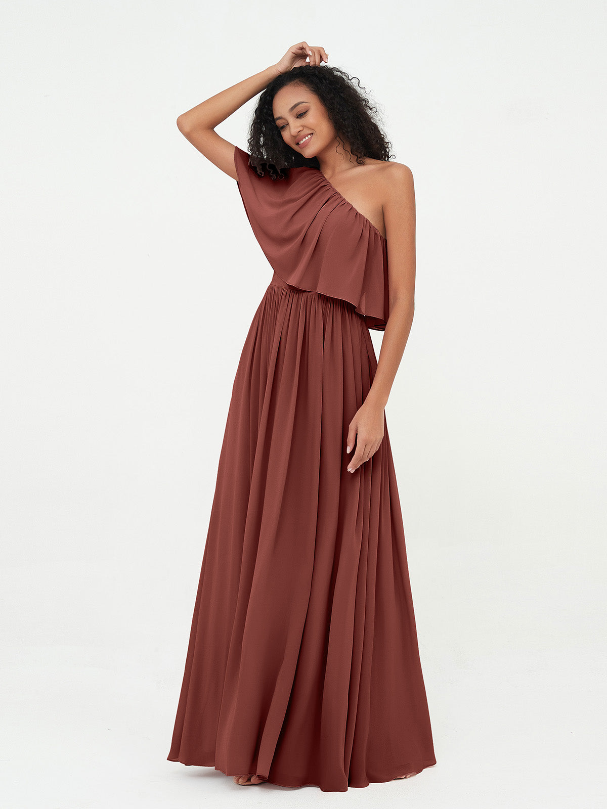 Vestidos largos de chiffon de un hombro con bolsillos Terracota Tallas Grandes