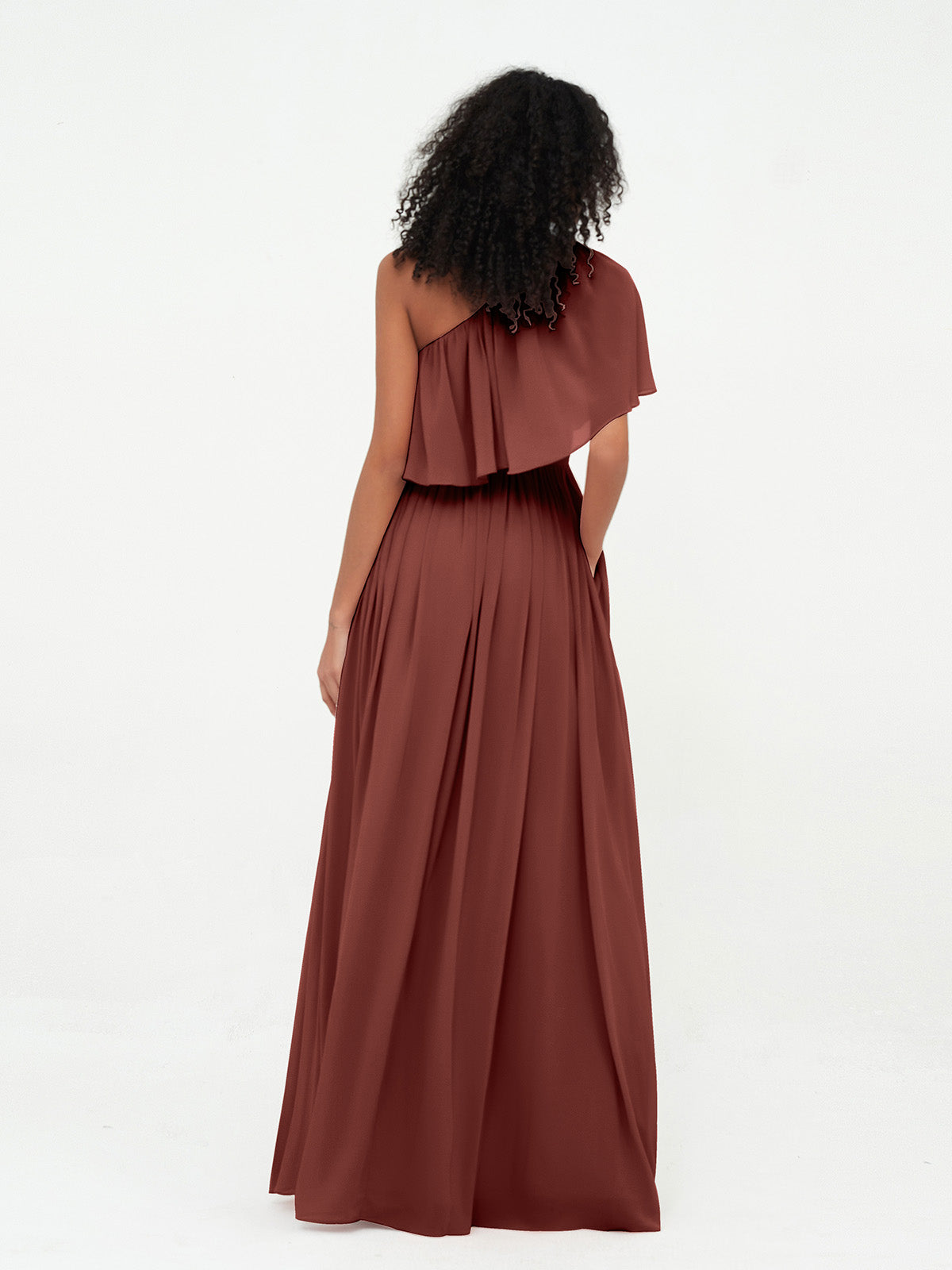 Vestidos largos de chiffon de un hombro con bolsillos Terracota Tallas Grandes