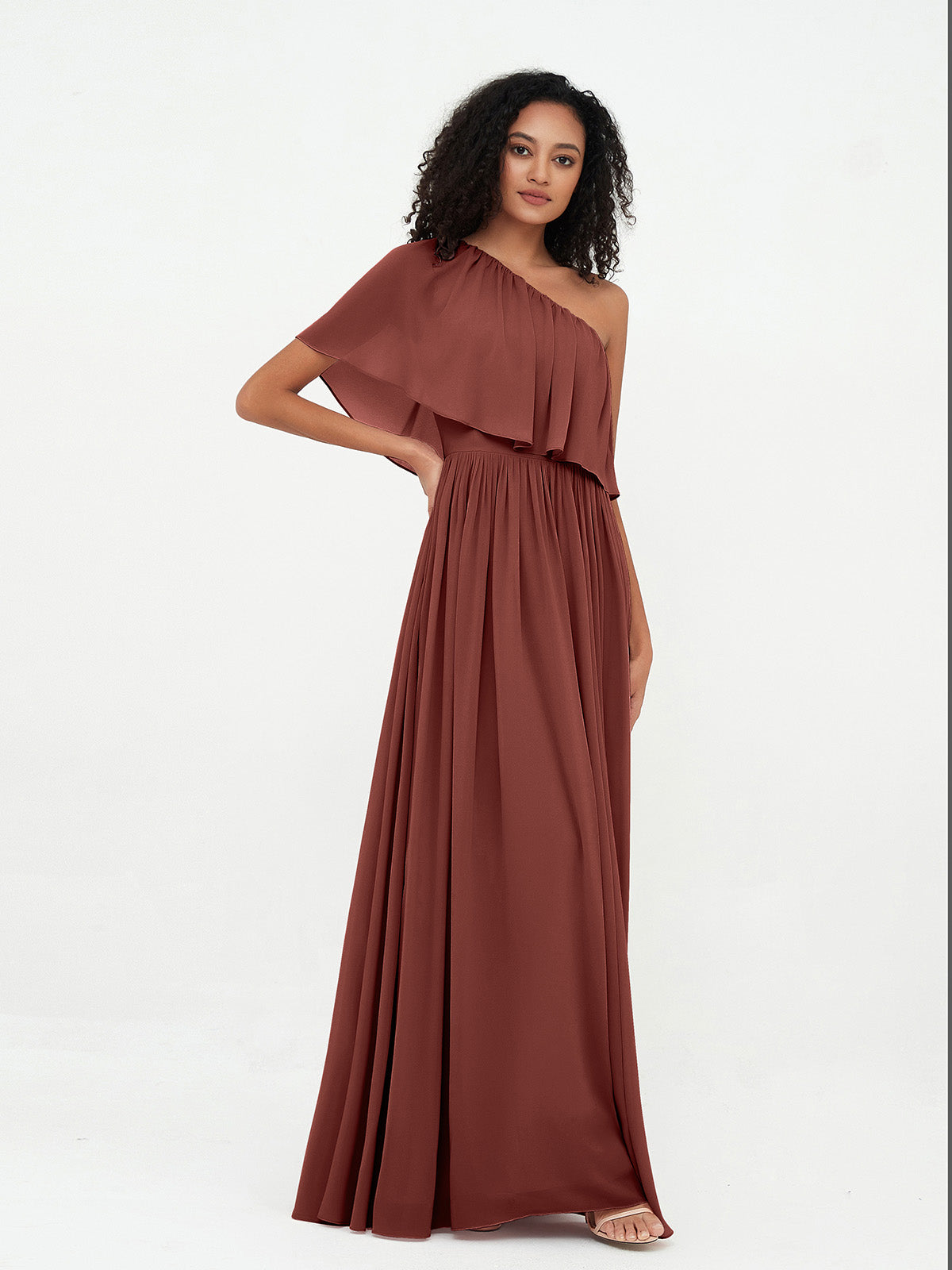 Vestidos largos de chiffon de un hombro con bolsillos Terracota Tallas Grandes