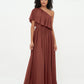 Vestidos largos de chiffon de un hombro con bolsillos Terracota Tallas Grandes