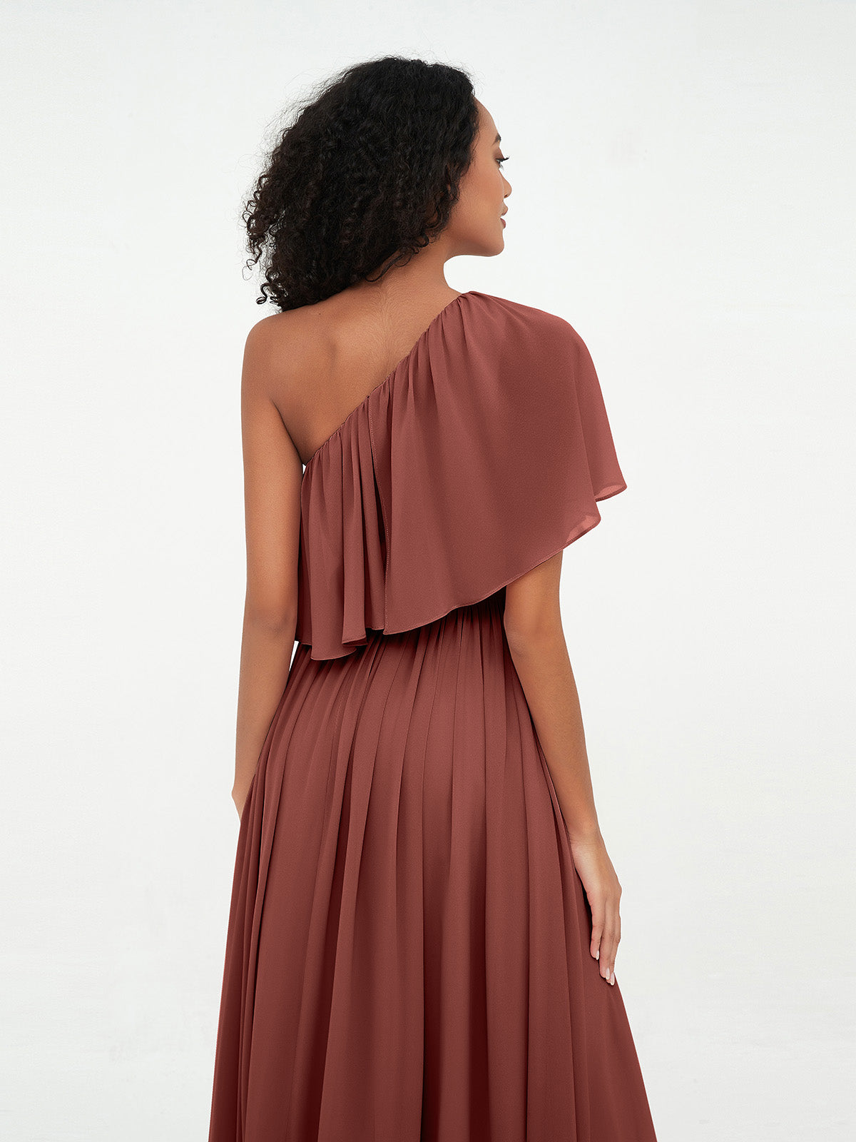 Vestidos largos de chiffon de un hombro con bolsillos Terracota Tallas Grandes