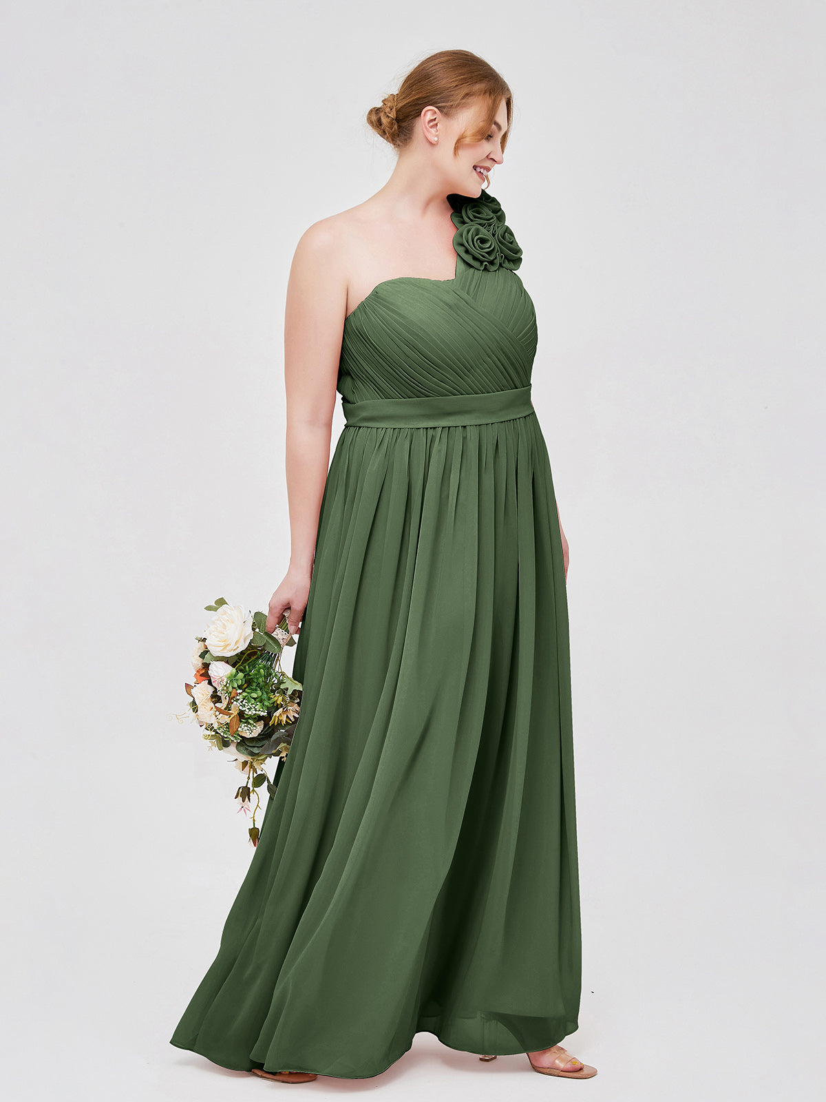 Mirabelle Un Hombro Gasa Vestido Con Tirante Flores Verde Oliva Tallas Grandes
