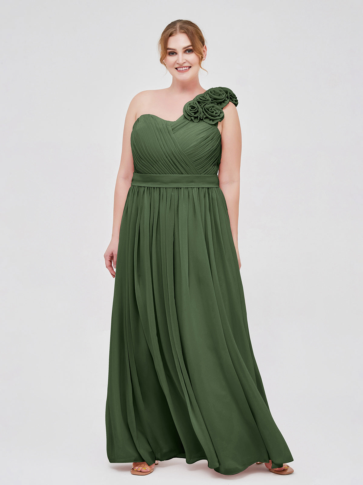 Mirabelle Un Hombro Gasa Vestido Con Tirante Flores Verde Oliva Tallas Grandes