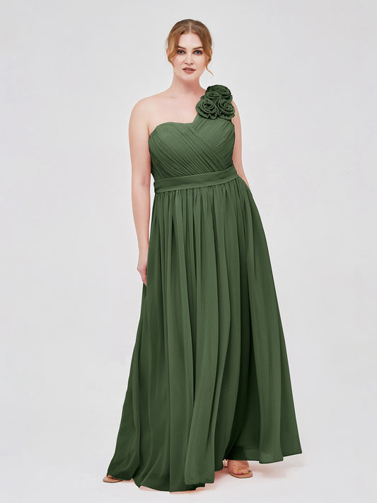 Mirabelle Un Hombro Gasa Vestido Con Tirante Flores Verde Oliva Tallas Grandes