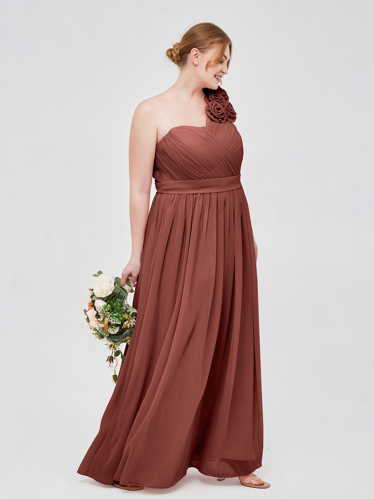 Mirabelle Un Hombro Gasa Vestido Con Tirante Flores Terracota Tallas Grandes