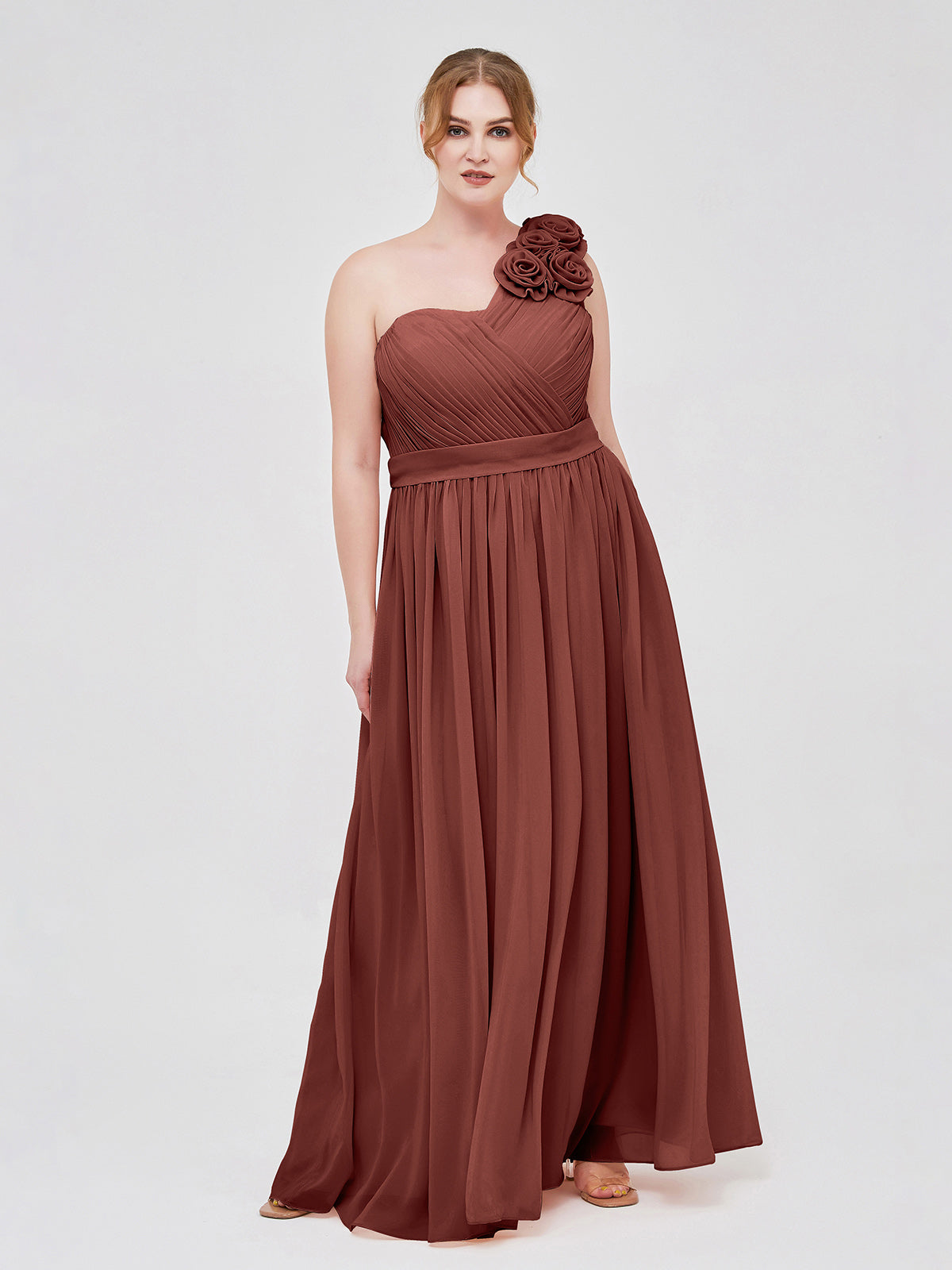 Mirabelle Un Hombro Gasa Vestido Con Tirante Flores Terracota Tallas Grandes