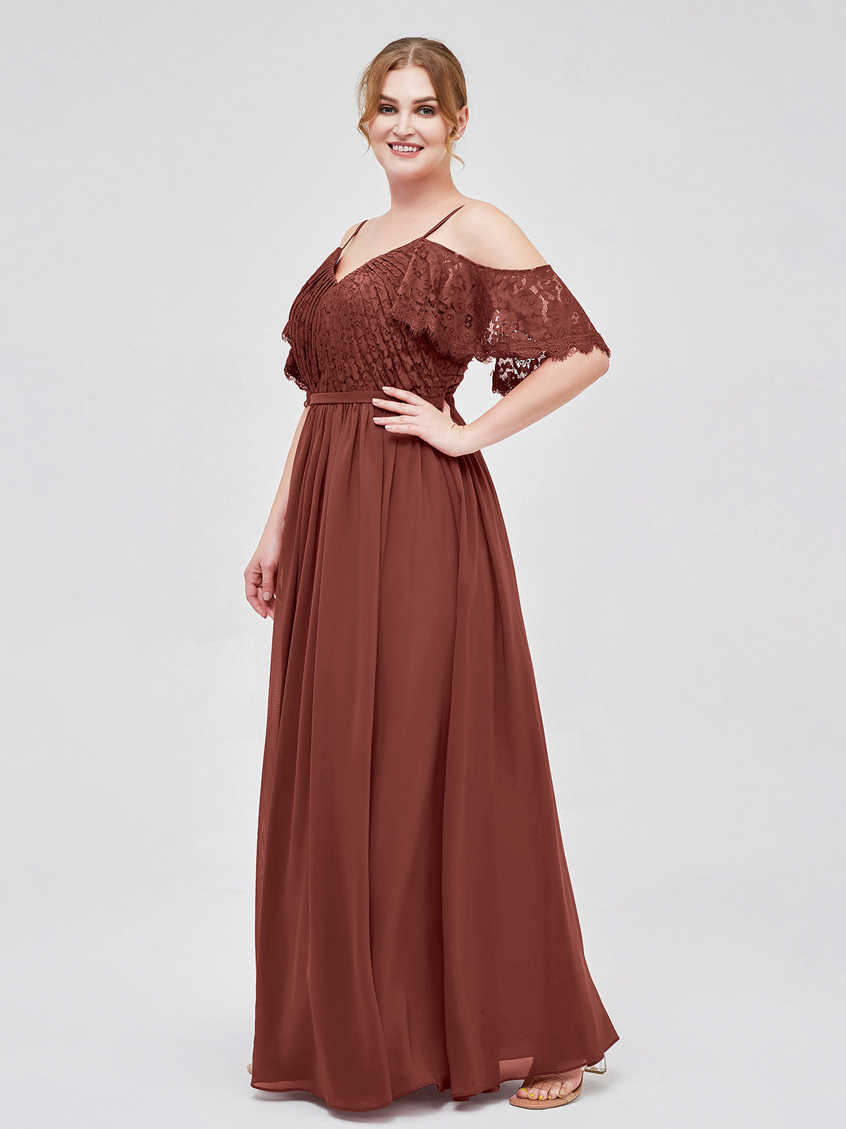 Miranda Tirante Espagueti Encaje Y Gasa Vestido Terracota Tallas Grandes