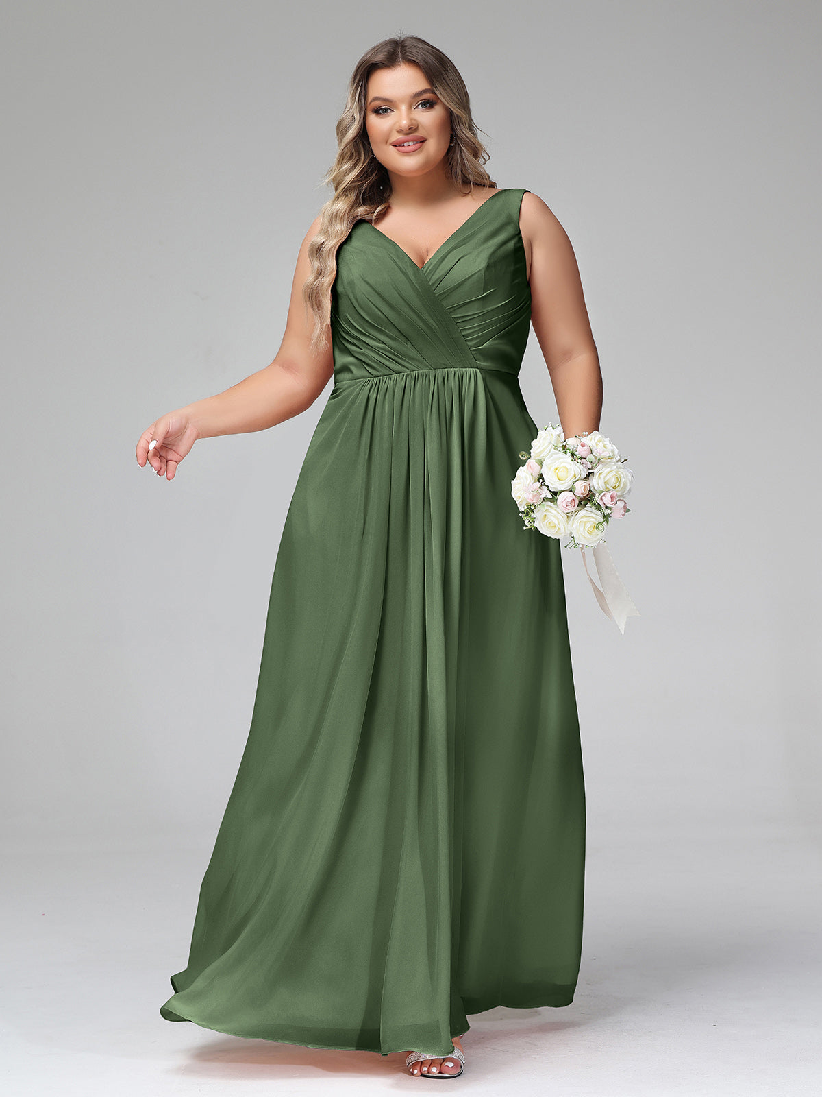 Vestidos largos de chiffon con escote en V y bolsillos Verde Oliva Tallas Grandes
