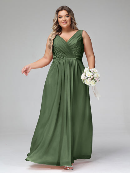 Vestidos largos de chiffon con escote en V y bolsillos Verde Oliva Tallas Grandes