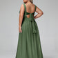 Vestidos largos de chiffon con escote en V y bolsillos Verde Oliva Tallas Grandes