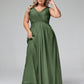 Vestidos largos de chiffon con escote en V y bolsillos Verde Oliva Tallas Grandes