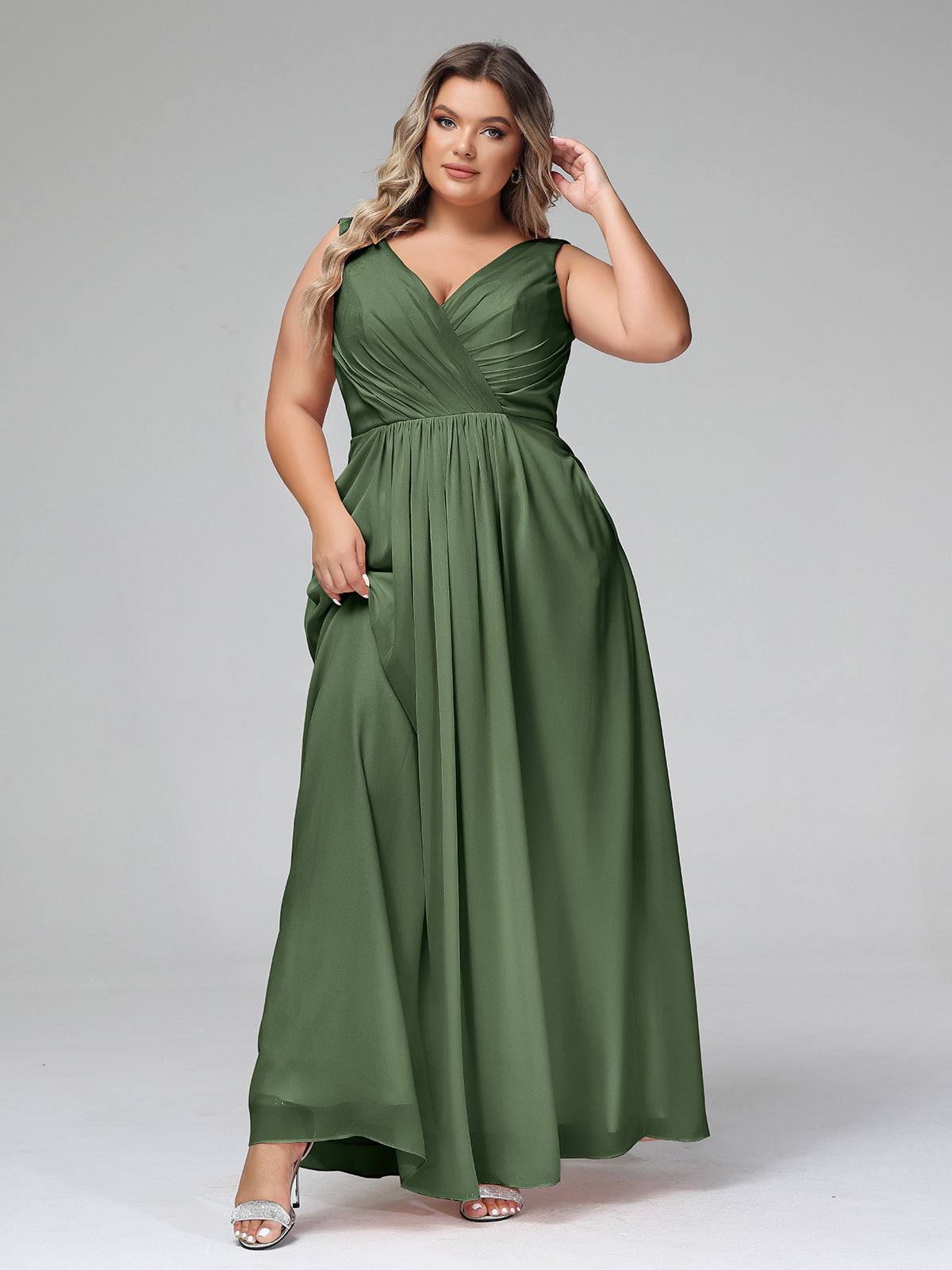 Vestidos largos de chiffon con escote en V y bolsillos Verde Oliva Tallas Grandes